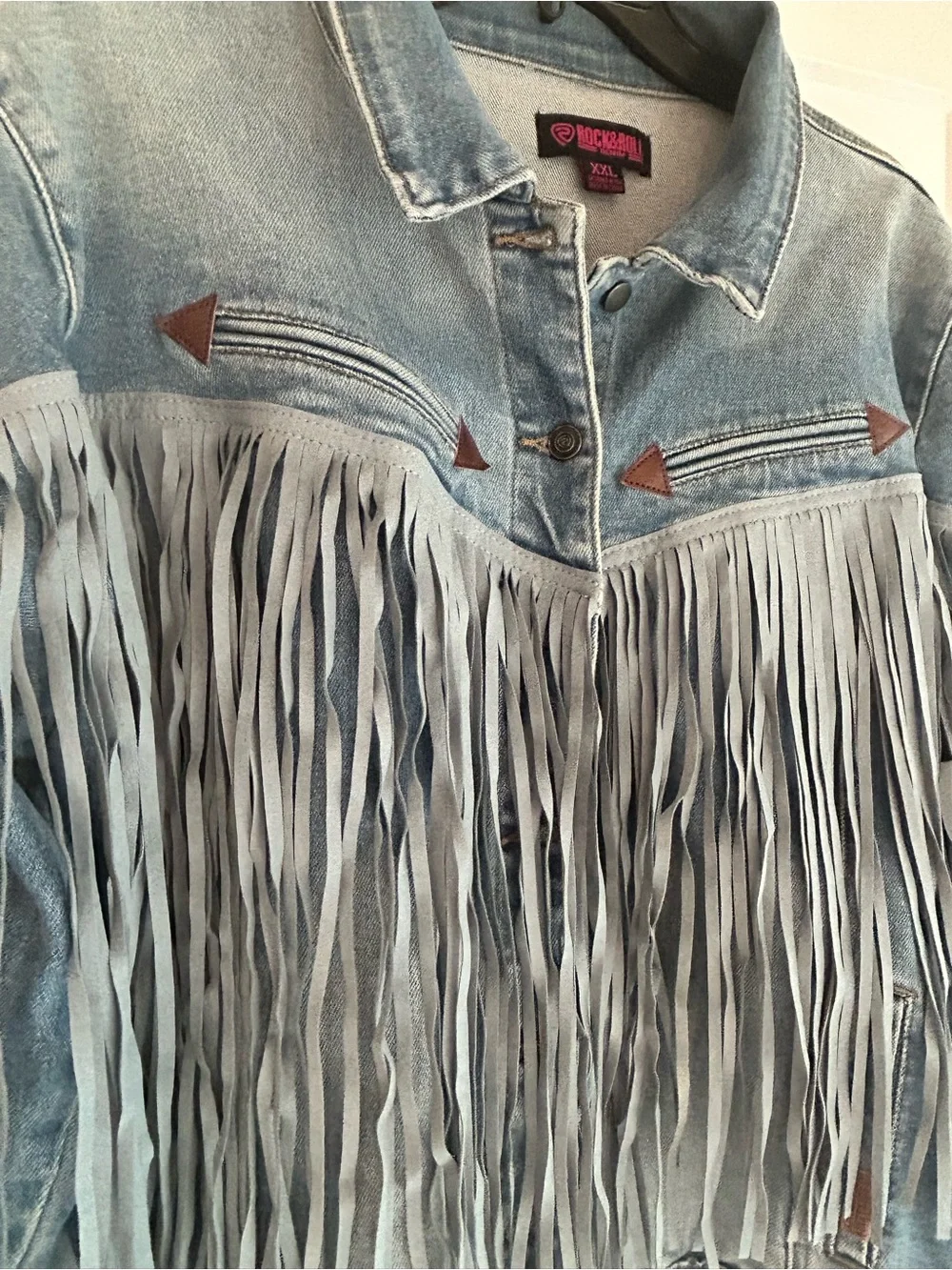 Rock & Roll Denim Light Wash Tonal Suede Fringe Button-Down Jacket - Picture 2 of 10